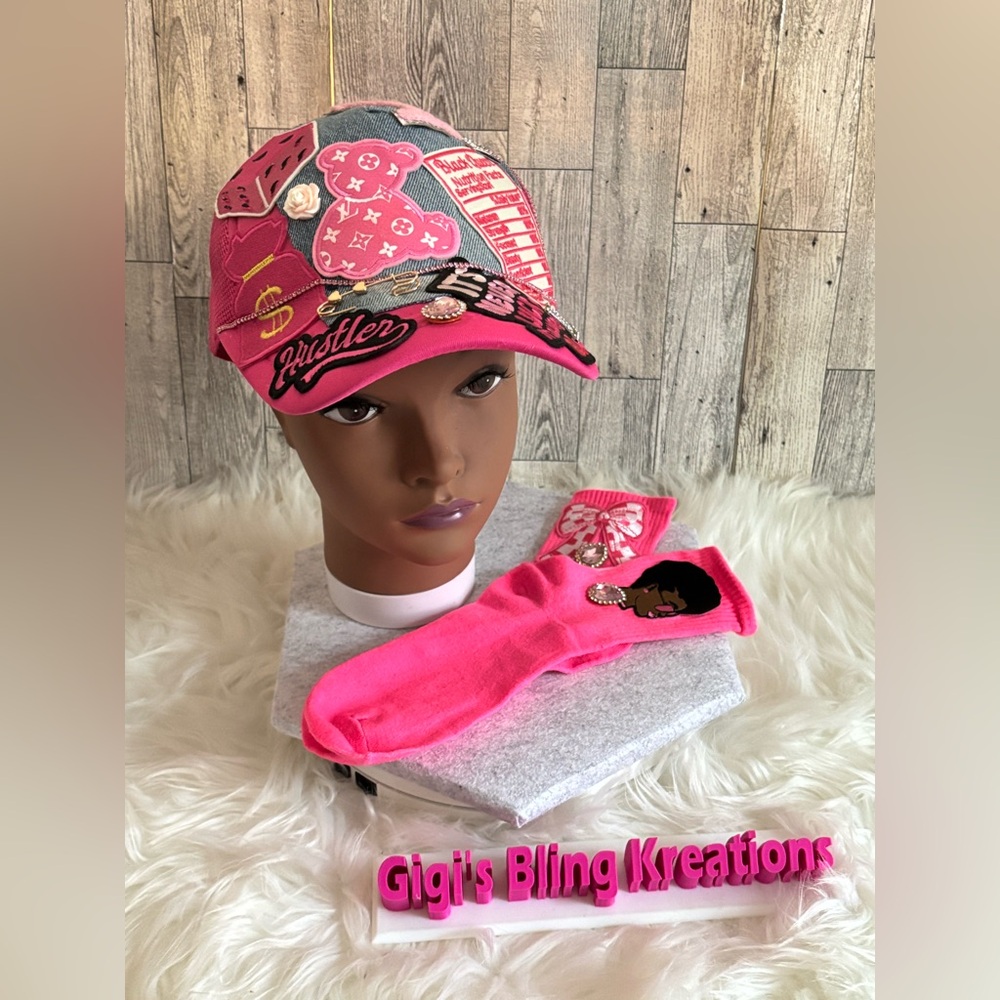 Vibrant Pink and Gray Embellished Cap